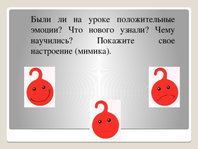 Были ли на уроке положительные эмоции? Что нового узнали? Чему научились? Покажите свое настроение (мимика).