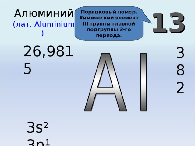 13 Алюминий  (лат. Aluminium )  Порядковый номер. Химический элемент III группы главной подгруппы 3-го периода. 26,9815 3 8 2 3 s 2 3p 1