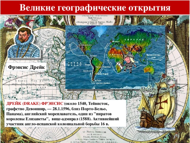 Великие географические открытия Фрэнсис Дрейк ДРЕЙК (DRAKE) ФРЭНСИС (около 1540, Тейвисток, графство Девоншир, — 28.1.1596, близ Порто-Бельо, Панама), английский мореплаватель, один из 