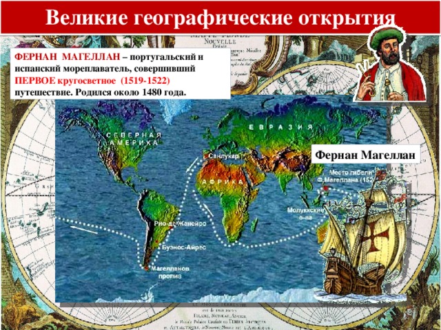 Великие географические открытия ФЕРНАН МАГЕЛЛАН – португальский и испанский мореплаватель, совершивший ПЕРВОЕ кругосветное (1519-1522) путешествие. Родился около 1480 года. Фернан Магеллан