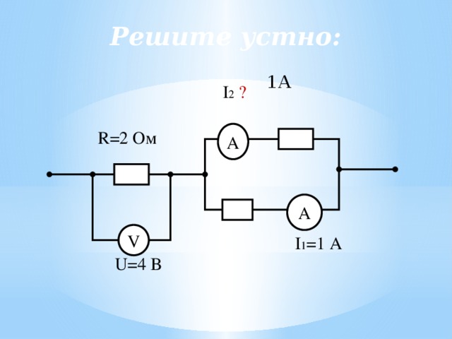 Решите устно: 1А I 2  ? R=2 Ом А А V I 1 =1 А U=4 В 21