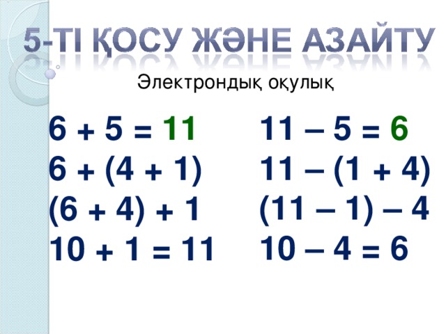 Электрондық оқулық 11 – 5 = 6 11 – (1 + 4) (11 – 1) – 4 10 – 4 = 6 6 + 5 = 11 6 + (4 + 1) (6 + 4) + 1 10 + 1 = 11