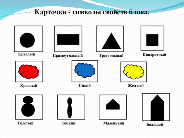 Карточки - символы свойств блока.   Квадратный  Круглый  Треугольный  Прямоугольный Красный  Синий  Желтый  Маленький  Толстый  Тонкий  Большой