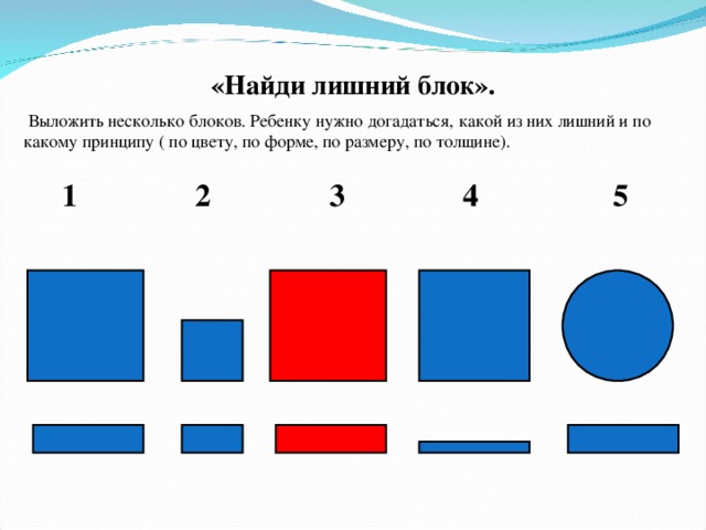 «Найди лишний блок».  Выложить несколько блоков. Ребенку нужно догадаться, какой из них лишний и по какому принципу ( по цвету, по форме, по размеру, по толщине).  1 2 3 4 5