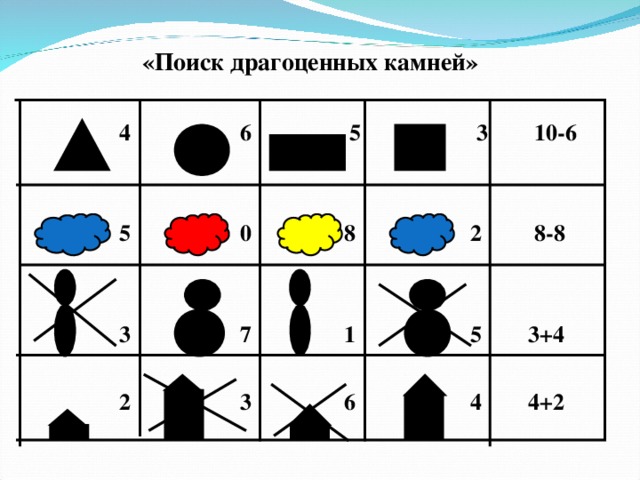 «Поиск драгоценных камней»   4 6 5 3 10-6  5 0 8 2 8-8  3 7 1 5 3+4  2 3 6 4 4+2