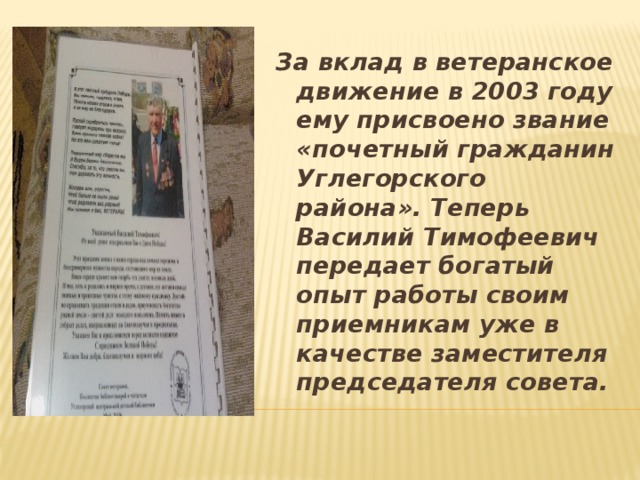 За вклад в ветеранское движение в 2003 году ему присвоено звание «почетный гражданин Углегорского района». Теперь Василий Тимофеевич передает богатый опыт работы своим приемникам уже в качестве заместителя  председателя совета.