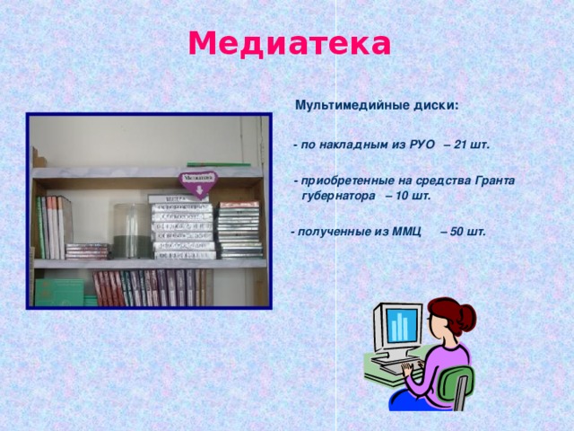 Медиатека  Мультимедийные диски:   - по накладным из РУО – 21 шт.   - приобретенные на средства Гранта губернатора – 10 шт.   - полученные из ММЦ – 50 шт.