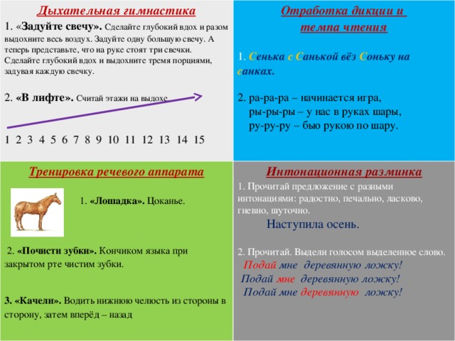 Дыхательная гимнастика 1. « Задуйте свечу».  Сделайте глубокий вдох и разом выдохните весь воздух. Задуйте одну большую свечу. А теперь представьте, что на руке стоят три свечки. Сделайте глубокий вдох и выдохните тремя порциями, задувая каждую свечку. Отработка дикции и Тренировка речевого аппарата темпа чтения Интонационная разминка 2. «В лифте». Считай этажи на выдохе. 1. Прочитай предложение с разными интонациями: радостно, печально, ласково, гневно, шуточно.  1. «Лошадка». Цоканье. 1. С енька  с С анькой  вёз  С оньку на  с анках.  Наступила осень.  2. Прочитай. Выдели голосом выделенное слово. 2. ра-ра-ра – начинается игра,  ры-ры-ры – у нас в руках шары,  ру-ру-ру – бью рукою по шару. 1 2 3 4 5 6 7 8 9 10 11 12 13 14 15  2. «Почисти зубки». Кончиком языка при закрытом рте чистим зубки.  Подай  мне  деревянную ложку!  Подай  мне  деревянную ложку!  Подай мне  деревянную   ложку! 3. «Качели». Водить нижнюю челюсть из стороны в сторону, затем вперёд – назад   