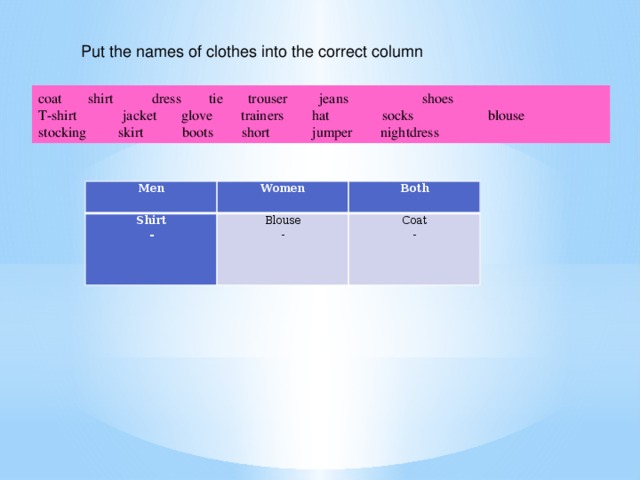Put the names of clothes into the correct column coat  shirt  dress  tie  trouser  jeans  shoes  T-shirt jacket glove trainers hat socks blouse  stocking skirt boots short jumper nightdress  Men Women Shirt Both - Blouse - Coat -