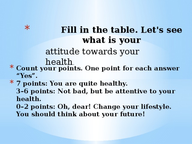 Fill in the table. Let's see what is your Count your points. One point for each answer “Yes”. 7 points: You are quite healthy.  3–6 points: Not bad, but be attentive to your health.  0–2 points: Oh, dear! Change your lifestyle. You should think about your future!