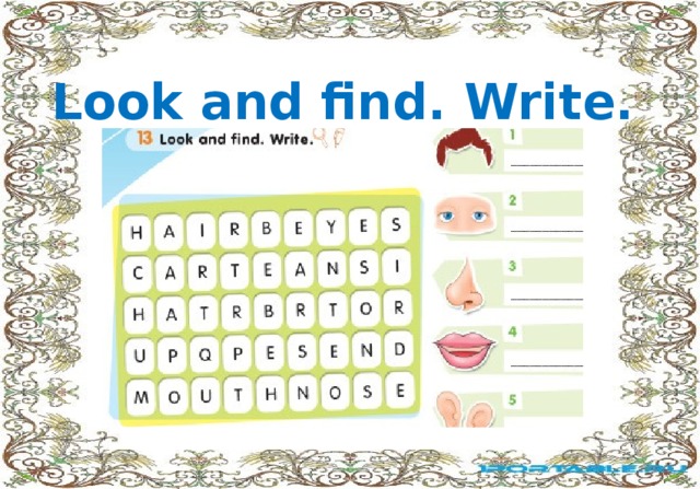 Look and find. Write.