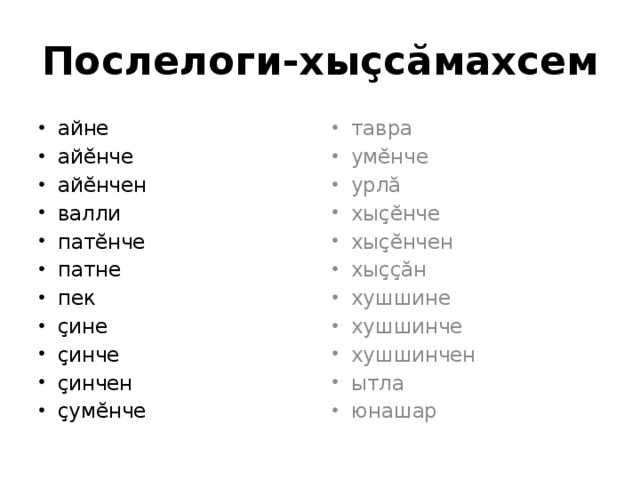 Послелоги-хыçсăмахсем айне айĕнче айĕнчен валли патӗнче патне пек ҫине ҫинче ҫинчен ҫумӗнче тавра умӗнче урлӑ хыҫӗнче хыçĕнчен хыҫҫӑн хушшине хушшинче хушшинчен ытла юнашар