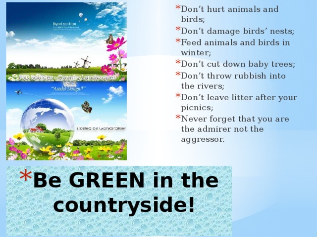 Don’t hurt animals and birds; Don’t damage birds’ nests; Feed animals and birds in winter; Don’t cut down baby trees; Don’t throw rubbish into the rivers; Don’t leave litter after your picnics; Never forget that you are the admirer not the aggressor. Be GREEN in the countryside!