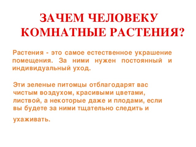 ЗАЧЕМ ЧЕЛОВЕКУ КОМНАТНЫЕ РАСТЕНИЯ? Растения - это самое естественное украшение помещения. За ними нужен постоянный и индивидуальный уход. Эти зеленые питомцы отблагодарят вас чистым воздухом, красивыми цветами, листвой, а некоторые даже и плодами, если вы будете за ними тщательно следить и ухаживать.