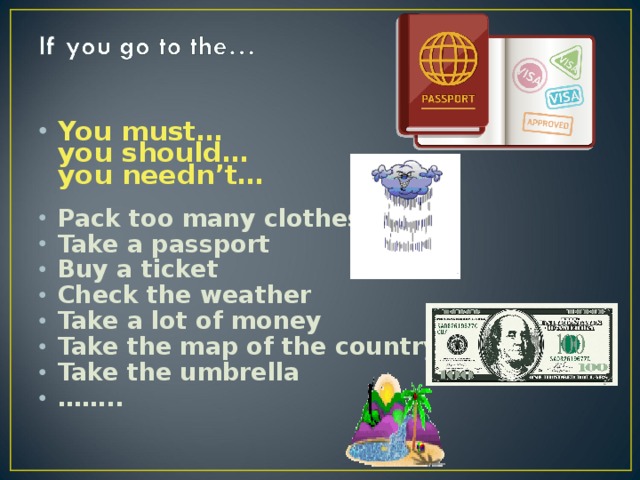 You must…  you should…  you needn’t… Pack too many clothes Take a passport Buy a ticket Check the weather Take a lot of money Take the map of the country Take the umbrella …… ..