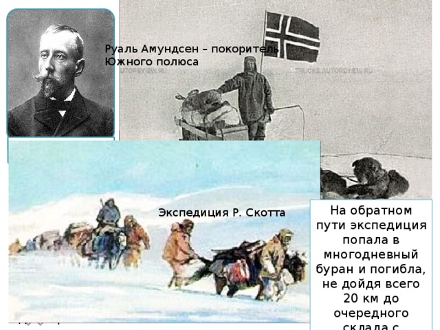 Руаль Амундсен Роберт Скотт К южному полюсу Руаль Амундсен – покоритель Южного полюса Самый драматический эпизод «гонки за полюсом» - соперничество Роберта Скотта и Руаля Амундсена в 1911-1912 годах. Они вышли к полюсу почти одновременно. Лучше экипированная и выбравшая более удобный маршрут партия Амундсена достигла полюса 14 декабря 1911 года. Скотт со своими спутниками появился там только 18 января 1912 года. На обратном пути экспедиция попала в многодневный буран и погибла, не дойдя всего 20 км до очередного склада с продуктами и топливом. Экспедиция Р. Скотта По щелчку на овал появление иллюстраций. 12