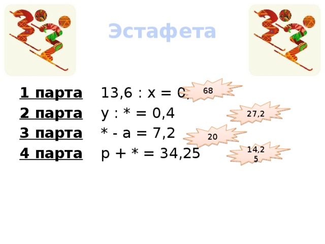 Эстафета 68 1 парта   13,6 : х = 0,2 2 парта   у : * = 0,4 3 парта   * - а = 7,2 4 парта   p + * = 34,25 27,2 20 14,25