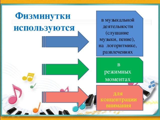 в музыкальной деятельности (слушание музыки, пение), на логоритмике, развлечениях Физминутки  используются в режимных моментах для концентрации внимания