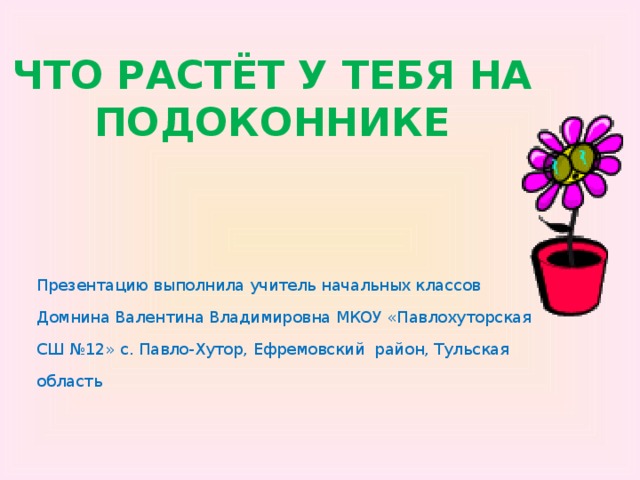 ЧТО РАСТЁТ У ТЕБЯ НА ПОДОКОННИКЕ Презентацию выполнила учитель начальных классов Домнина Валентина Владимировна МКОУ «Павлохуторская СШ №12» с. Павло-Хутор, Ефремовский район, Тульская область