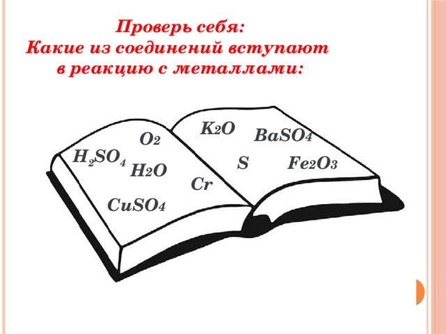 Проверь себя: Какие из соединений вступают в реакцию с металлами: K 2 O BaSO 4 О 2  H 2 SO 4 S Fe 2 O 3 H 2 O Cr CuSO 4