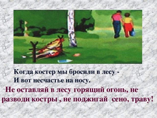 Когда костер мы бросили в лесу - И вот несчастье на носу.     Не оставляй в лесу горящий огонь, не разводи костры , не поджигай сено, траву!