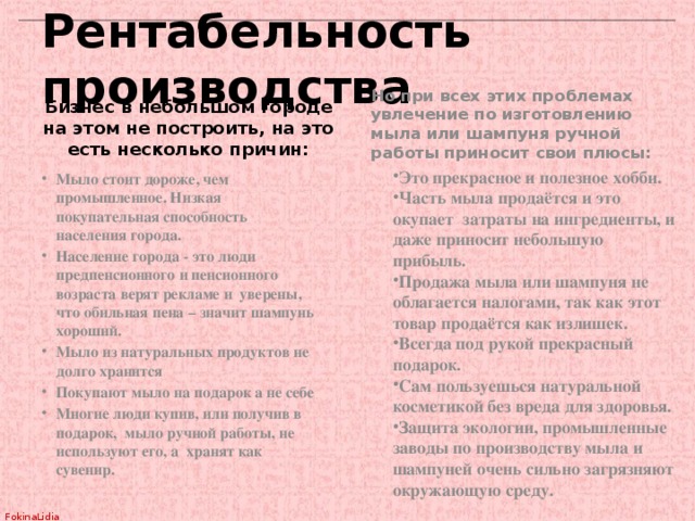 Рентабельность производства Но при всех этих проблемах увлечение по изготовлению мыла или шампуня ручной работы приносит свои плюсы:  Бизнес в небольшом городе на этом не построить, на это есть несколько причин: