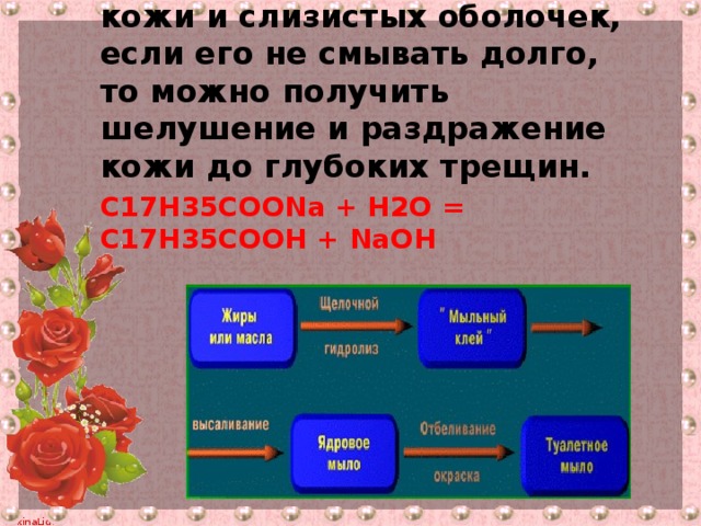 Щелочь - гидроксид натрия, едкий натр вызывает ожоги кожи и слизистых оболочек, если его не смывать долго, то можно получить шелушение и раздражение кожи до глубоких трещин.  С17Н35СООNa + H2O = C17H35COOH + NaOH