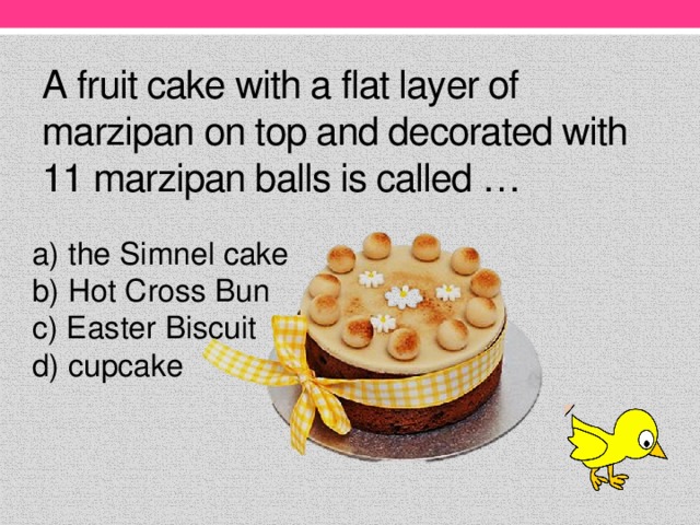 A fruit cake with a flat layer of marzipan on top and decorated with 11 marzipan balls is called …