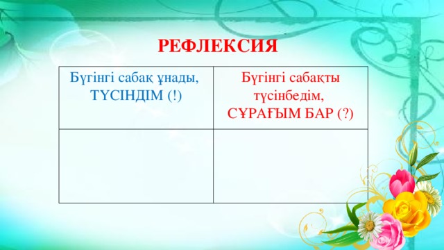 РЕФЛЕКСИЯ  Бүгінгі сабақ ұнады, ТҮСІНДІМ (!) Бүгінгі сабақты түсінбедім, СҰРАҒЫМ БАР (?)