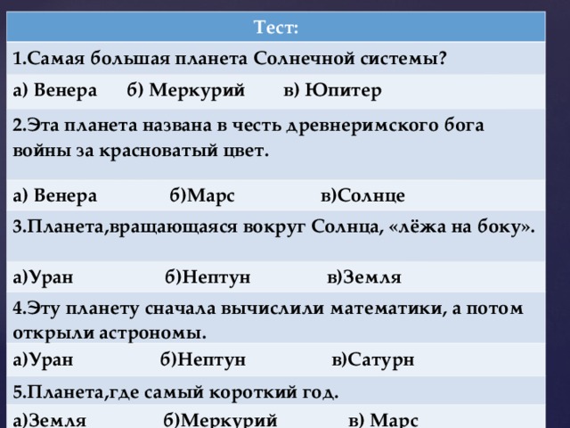 Тест: 1.Самая большая планета Солнечной системы? а) Венера б) Меркурий в) Юпитер 2.Эта планета названа в честь древнеримского бога войны за красноватый цвет. а) Венера б)Марс в)Солнце 3.Планета,вращающаяся вокруг Солнца, «лёжа на боку». а)Уран б)Нептун в)Земля 4.Эту планету сначала вычислили математики, а потом открыли астрономы. а)Уран б)Нептун в)Сатурн 5.Планета,где самый короткий год. а)Земля б)Меркурий в) Марс