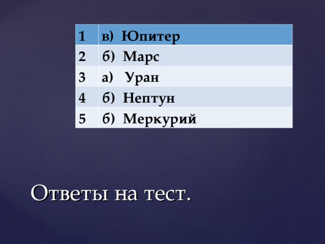 1 в) Юпитер 2 б) Марс 3 а) Уран 4 б) Нептун 5 б) Меркурий Ответы на тест.