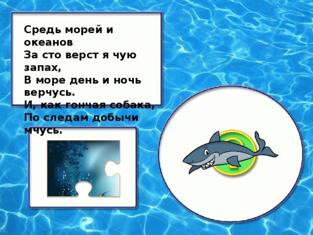 Средь морей и океанов За сто верст я чую запах, В море день и ночь верчусь. И, как гончая собака, По следам добычи мчусь.