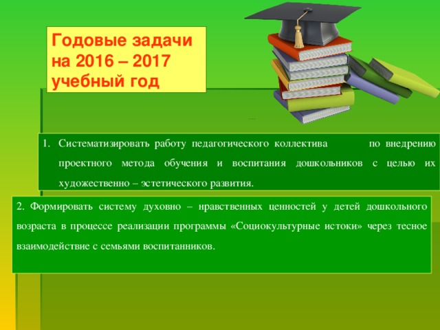 Годовые задачи на 2016 – 2017 учебный год Систематизировать работу педагогического коллектива по внедрению проектного метода обучения и воспитания дошкольников с целью их художественно – эстетического развития. 2. Формировать систему духовно – нравственных ценностей у детей дошкольного возраста в процессе реализации программы «Социокультурные истоки» через тесное взаимодействие с семьями воспитанников.