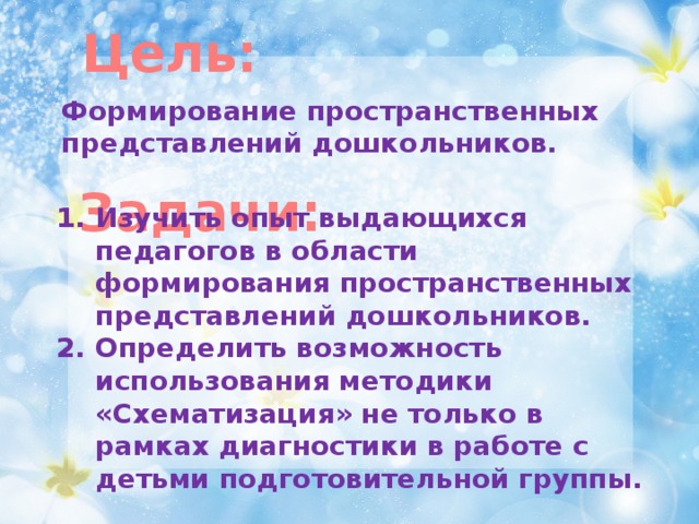 Цель: Формирование пространственных представлений дошкольников. Задачи: Изучить опыт выдающихся педагогов в области формирования пространственных представлений дошкольников. Определить возможность использования методики «Схематизация» не только в рамках диагностики в работе с детьми подготовительной группы.