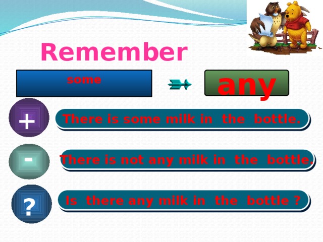Remember any some + There is some milk in the bottle. - There is not any milk in the bottle.  ? Is there any milk in the bottle ?