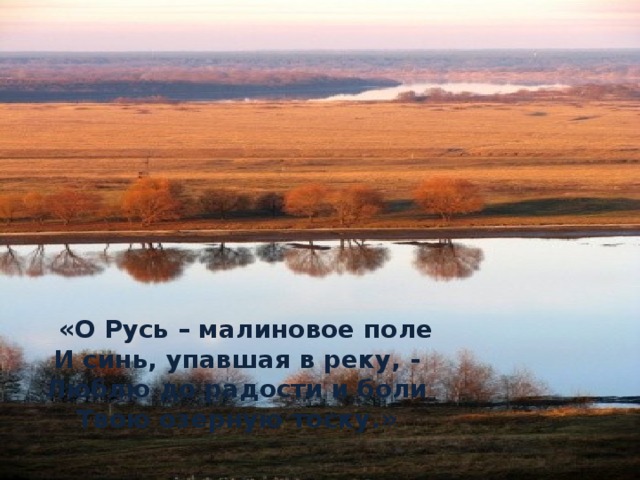 «О Русь – малиновое поле И синь, упавшая в реку, - Люблю до радости и боли Твою озерную тоску.»