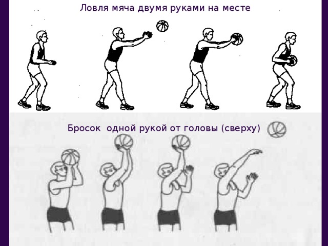 Ловля мяча двумя руками на месте Бросок одной рукой от головы (сверху)