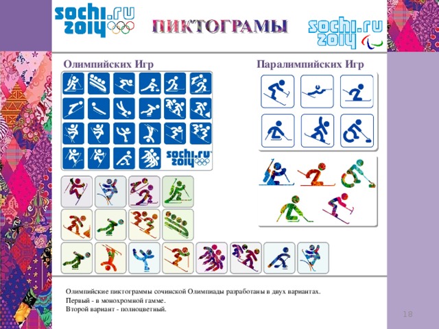 Олимпийских Игр Паралимпийских Игр Олимпийские пиктограммы сочинской Олимпиады разработаны в двух вариантах. Первый - в монохромной гамме. Второй вариант - полноцветный. 12