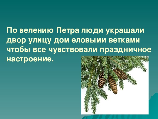 По велению Петра люди украшали двор улицу дом еловыми ветками чтобы все чувствовали праздничное настроение.