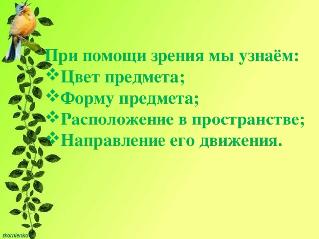 При помощи зрения мы узнаём: Цвет предмета; Форму предмета; Расположение в пространстве; Направление его движения.