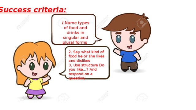 Success criteria: 1. Name types of food and drinks in singular and plural forms 2. Say what kind of food he or she likes and dislikes 3. Use structure Do you like…? And respond on a question;