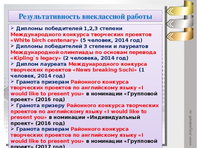 Результативность внеклассной работы  Дипломы победителей 1,2,3 степени Международного конкурса творческих проектов «White birch centenary» (5 человек, 2014 год)  Дипломы победителей 3 степени и лауреатов Международной олимпиады по основам перевода «Kipling`s legacy» (2 человека, 2014 год)  Диплом лауреата Международного конкурса творческих проектов «News breaking Sochi» (1 человек, 2014 год)  Грамота призерам Районного конкурса творческих проектов по английскому языку «I would like to present you» в номинации «Групповой проект» (2016 год)  Грамота призеру Районного конкурса творческих проектов по английскому языку «I would like to present you» в номинации «Индивидуальный проект» (2016 год)  Грамота призерам Районного конкурса творческих проектов по английскому языку «I would like to present you» в номинации «Групповой проект» (2017 год)  Диплом «Приз зрительских симпатий» участнице Районного конкурса творческих проектов по английскому языку «I would like to present you» в номинации «Индивидуальный проект» (2017 год)  и