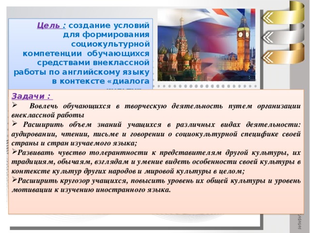 Цель : создание условий для формирования социокультурной компетенции обучающихся средствами внеклассной работы по английскому языку в контексте «диалога культур» Задачи :   Вовлечь обучающихся в творческую деятельность путем организации внеклассной работы  Расширить объем знаний учащихся в различных видах деятельности: аудировании, чтении, письме и говорении о социокультурной специфике своей страны и стран изучаемого языка; Развивать чувство толерантности к представителям другой культуры, их традициям, обычаям, взглядам и умение видеть особенности своей культуры в контексте культур других народов и мировой культуры в целом; Расширить кругозор учащихся, повысить уровень их общей культуры и уровень мотивации к изучению иностранного языка.