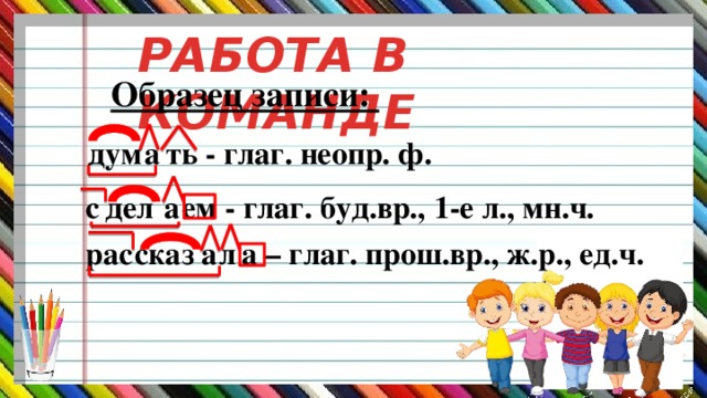 РАБОТА В КОМАНДЕ  Образец записи:    дум  а  ть - глаг. неопр. ф.    с  дел  а  ем - глаг. буд.вр., 1-е л., мн.ч.   рас  сказ  а  л  а – глаг. прош.вр., ж.р., ед.ч.