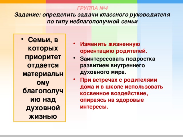 ГРУППА №4  Задание: определить задачи классного руководителя по типу неблагополучной семьи