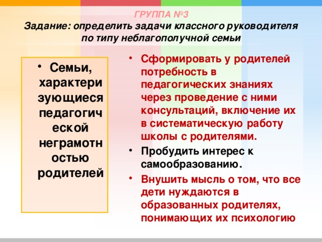 ГРУППА №3  Задание: определить задачи классного руководителя по типу неблагополучной семьи