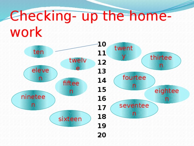 Checking- up the home- work 10 11 12 13 14 15 16 17 18 19 20 twenty ten thirteen twelve eleven fourteen fifteen eighteen nineteen seventeen sixteen