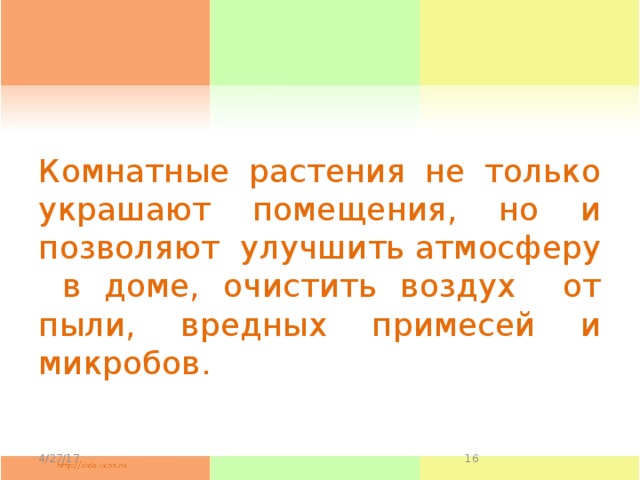 Комнатные растения не только украшают помещения, но и позволяют улучшить атмосферу в доме, очистить воздух от пыли, вредных примесей и микробов. 4/27/17