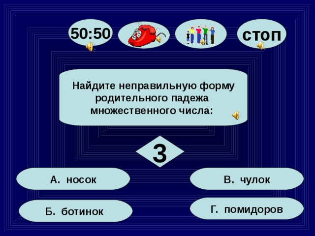 стоп 50:50 Найдите неправильную форму родительного падежа множественного числа: 3 В. чулок А. носок Г. помидоров Б. ботинок 14