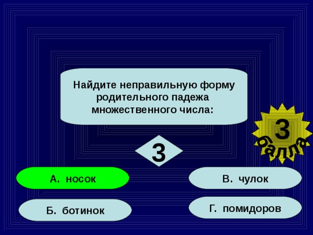 Найдите неправильную форму родительного падежа множественного числа: 3 3 А. носок В. чулок Г. помидоров Б. ботинок 15